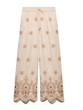 Zara Beige Embroidered Wide-Leg Pants